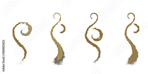 Abstract illustration of four swirling golden brushstroke like shapes on black