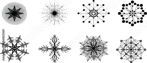 Geometric abstract patterns, symmetrical network designs, fractal illustrations, mathematical art, black and white diagrams, computational structure, digital symmetry visualization