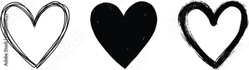 Three heart styles, sketch outline, solid fill, brushstroke texture, black ink, vector illustration, love symbol, romantic design, creative art