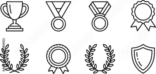Award and achievement line icon set with trophy, medals, badges and shield symbols, minimalist black and white design