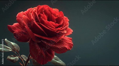 Red rose flower blooming in slow motion on dark background