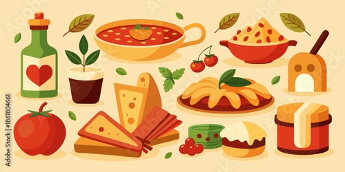 Iconic Italian food in cartoon vector illustration icons, simple but detailed for web design