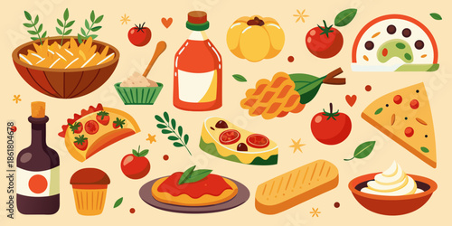 Italian food and iconic seasoning icons, illustrations for restaurant menus design and any design needs