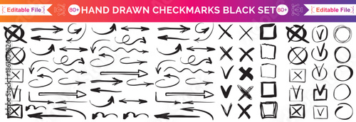 School board design featuring children's doodles, scribbles. Graphic set - arrows, circles, stars, sketch, highlighters, brushes, scribbles and doodles drawn with felt-tip pen, chalk, pen. Vector set