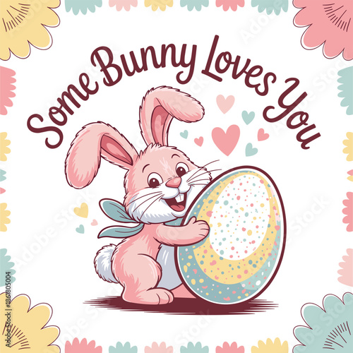 A charming illustration of a bunny hugging a colorful speckled easter egg