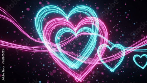 Vibrant neon hearts glowing in dark space with sparkling dots