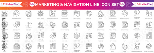Digital marketing and Navigation line icon set. Marketing & Search Engine Optimization outline icons collection. Website, search, mail, analysis, content, strategy, development, big line icon set.