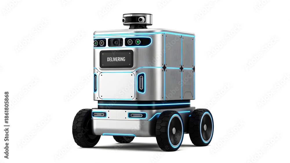 Fototapeta premium Autonomous robot navigating through a warehouse with precision and accuracy from a frontal viewpoint