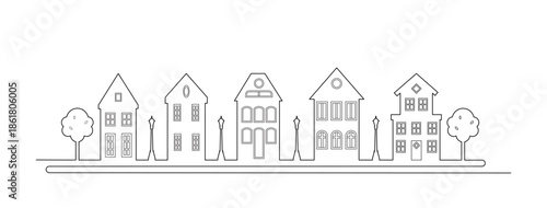 Outline drawing of houses. Minimalistic town landscape isolated on a white background. Linear icon, vector illustration in a minimalist style. Urban scenery, suburb street.