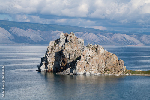 View of Shamanka rock on Baikal lake on a September day. Irkutsk region, Russia