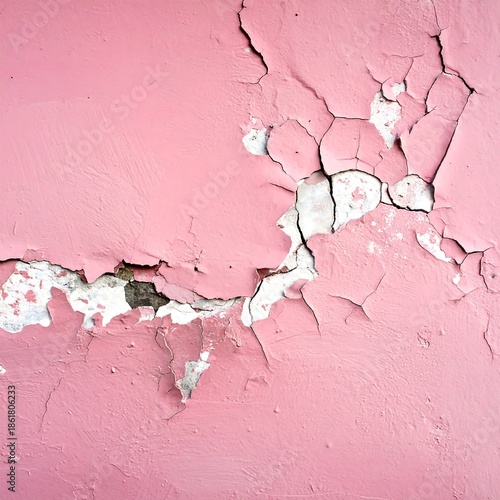 Close-up of peeling, cracked, pink painted wall, revealing texture
