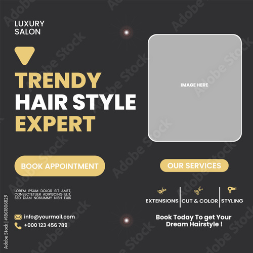 Trendy hair style expert social media post and square flyer template. Professional beauty hair salon and barber shop promotional banner design. Luxury hair care service marketing social media template