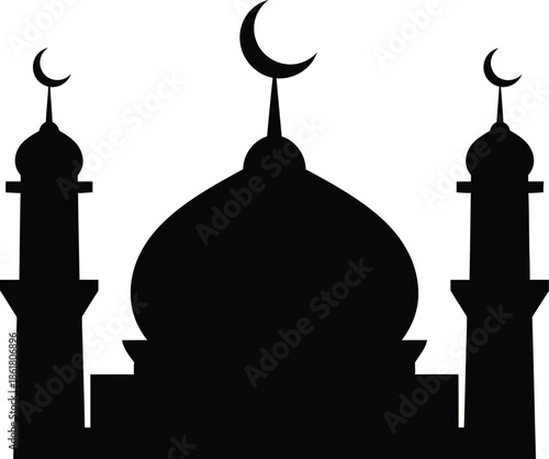 Mosque silhouette with crescent moons on minarets and dome