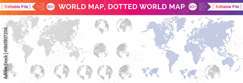 Big set of maps and globes. Pins collection. Different effects. Transparent Vector illustration