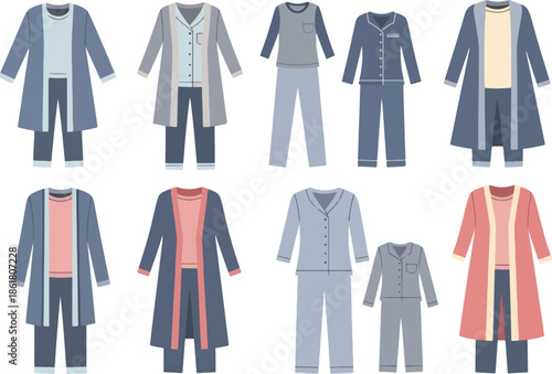 A collection of eight pajama and loungewear sets in muted blue gray and dusty rose tones