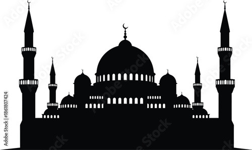 Mosque silhouette with minarets and dome