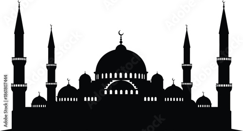 Mosque silhouette with minarets and dome