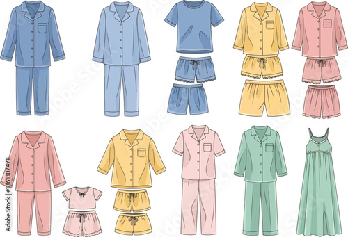 A collection of illustrated pajama sets for men and women in various colors and styles