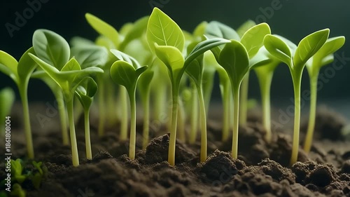 Young Green Plant Sprouts Growing From Dark Rich Soil With Soft Lighting