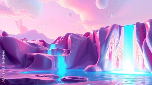 Surreal alien landscape with glowing waterfalls, pink clouds, and distant planets in twilight