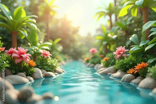 Serene Tropical Stream with Lush Greenery, Pink and Orange Flowers, and Sunlight