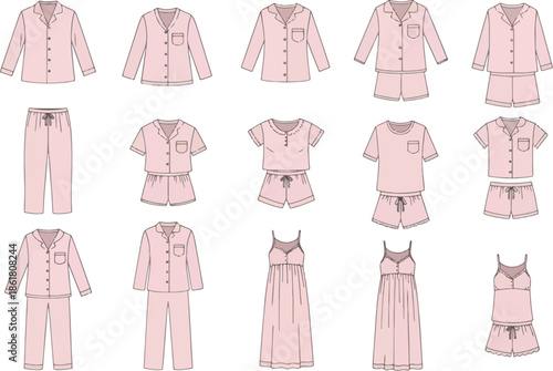 A grid display of various pink womens sleepwear garments and sets