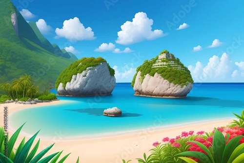 Tropical paradise beach with green island rocks and turquoise water under blue sky with clouds
