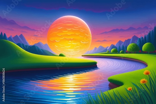 Vibrant Fantasy Landscape with River, Hills, and a Giant Sun or Moon at Sunset.