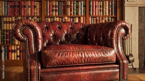 Cozy Study with Leather Armchair Bookshelves and Fireplace.