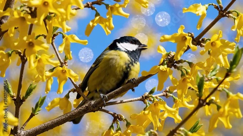 Great Tit Bird Perched on a Branch of Yellow Forsythia Flowers in Spring.