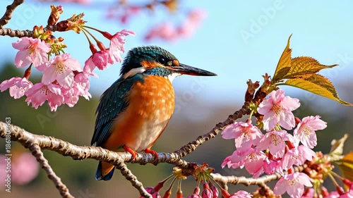 Kingfisher Perched on Cherry Blossom Branch in Spring Sunlight.