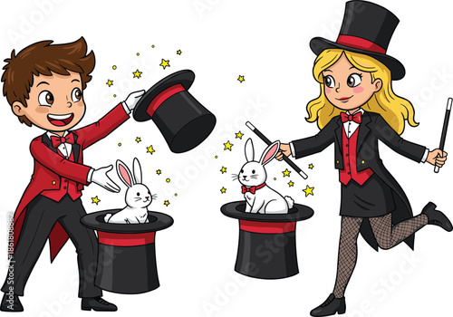 Cartoon magicians performing magic trick, rabbit in hat, stage show, fantasy, imagination, colorful illustration, childhood entertainment, comic style, performance
