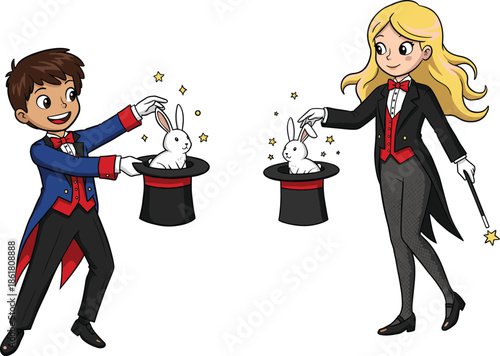 Cartoon magicians performing magic trick, rabbit in hat, stage show, fantasy, imagination, colorful illustration, childhood entertainment, comic style, performance