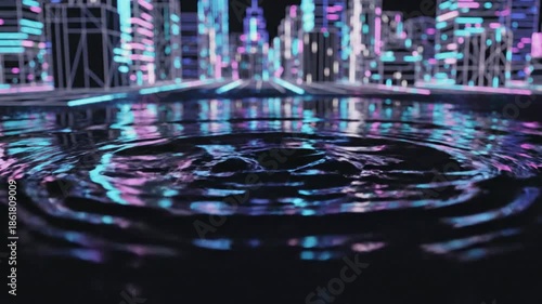 Futuristic Neon Cityscape Reflected in Rippling Water at Night Cyberpunk Urban Scene with Vibrant Lights and Abstract Reflections.