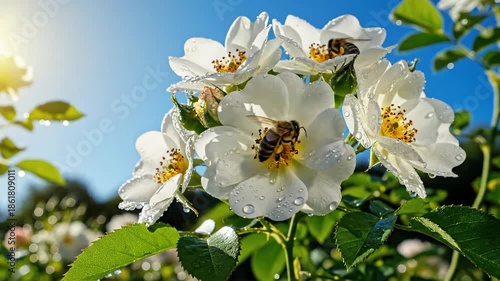 Honey Bee Pollinating White Wild Roses on a Sunny Day.