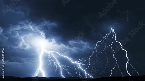 Dramatic Lightning Storm Illuminates Dark Night Sky with Powerful Electrical Discharges.
