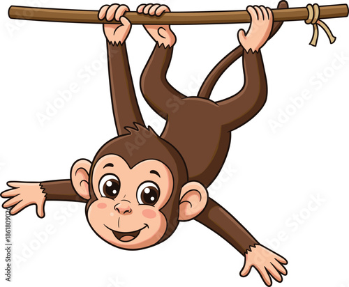 Cartoon monkey hanging upside down from branch, smiling face, rosy cheeks, flat vector, isolated, cad drawing