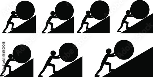 Business struggle silhouette icons set, pushing boulder uphill concept, effort perseverance motivation success challenge metaphor, flat black vector illustration