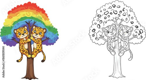 Cartoon leopards hugging rainbow tree, colorful jungle cat illustration, children’s coloring page artwork, playful wildlife character design, educational drawing for kids