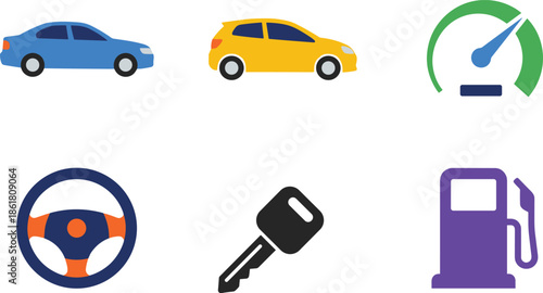 Car service and transportation icon set, vehicle speedometer steering wheel key fuel pump, automotive flat vector illustration