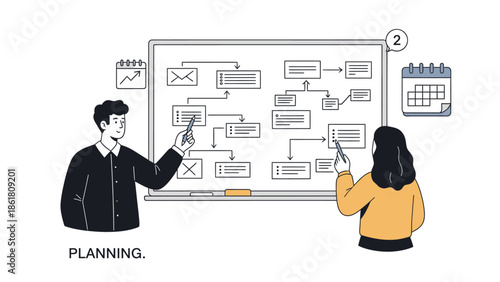 Colleagues collaborating on a project plan using a flowchart on a digital board in a modern office environment from a frontal viewpoint