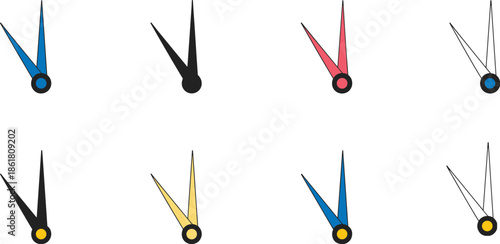 Clock hands icons set, analog watch pointers, time indicator symbols, colorful minimal vector elements, UI dashboard timing graphics design