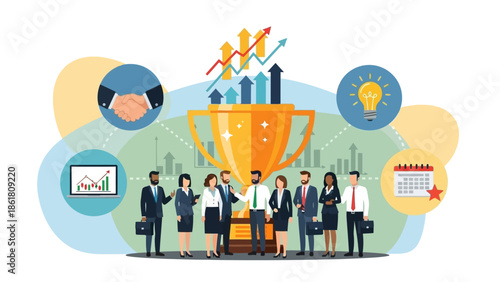 Business Professionals Celebrating Success with Trophy and Graphs in Modern Office Environment from Front Viewpoint