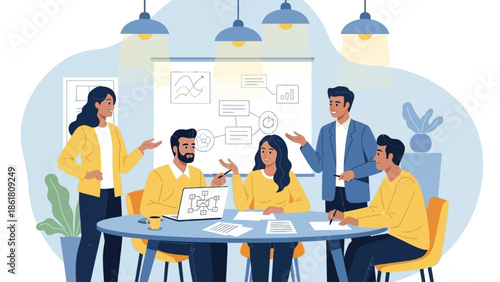 Collaborative team discussion around a table with a presentation in a modern office environment