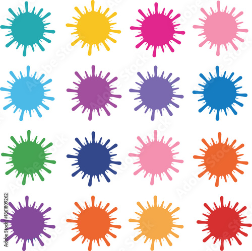 Colorful paint splatter icons set, abstract ink splash shapes, vibrant blot elements, creative art backgrounds, flat vector illustration