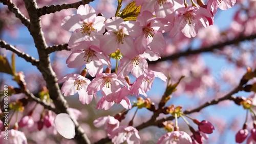 Close-up of delicate pink cherry blossoms blooming on a tree branch against a soft blue sky symbolizing springs arrival and natural beauty.