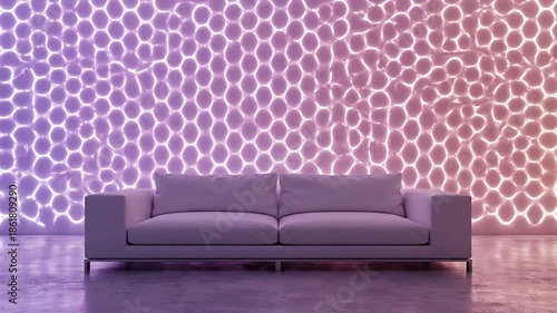 Modern Sofa in a Futuristic Room with Dynamic Neon Light Wall.