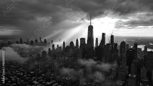 Dramatic Black and White Aerial View of New York City Skyline with Clouds and Sunlight.