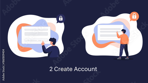 Creating an account with digital identity verification and authentication processes depicted through abstract illustrations