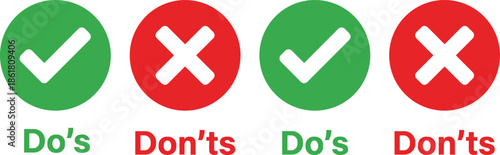 Do and don’ts icons set, correct incorrect symbols, green check red cross signs, rules guidelines concept, flat vector illustration